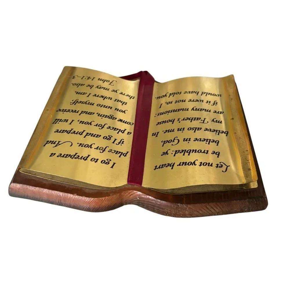 Vintage HOMCO Home Interiors John 14:1-3 Brass Bible Verse On Wooden Base